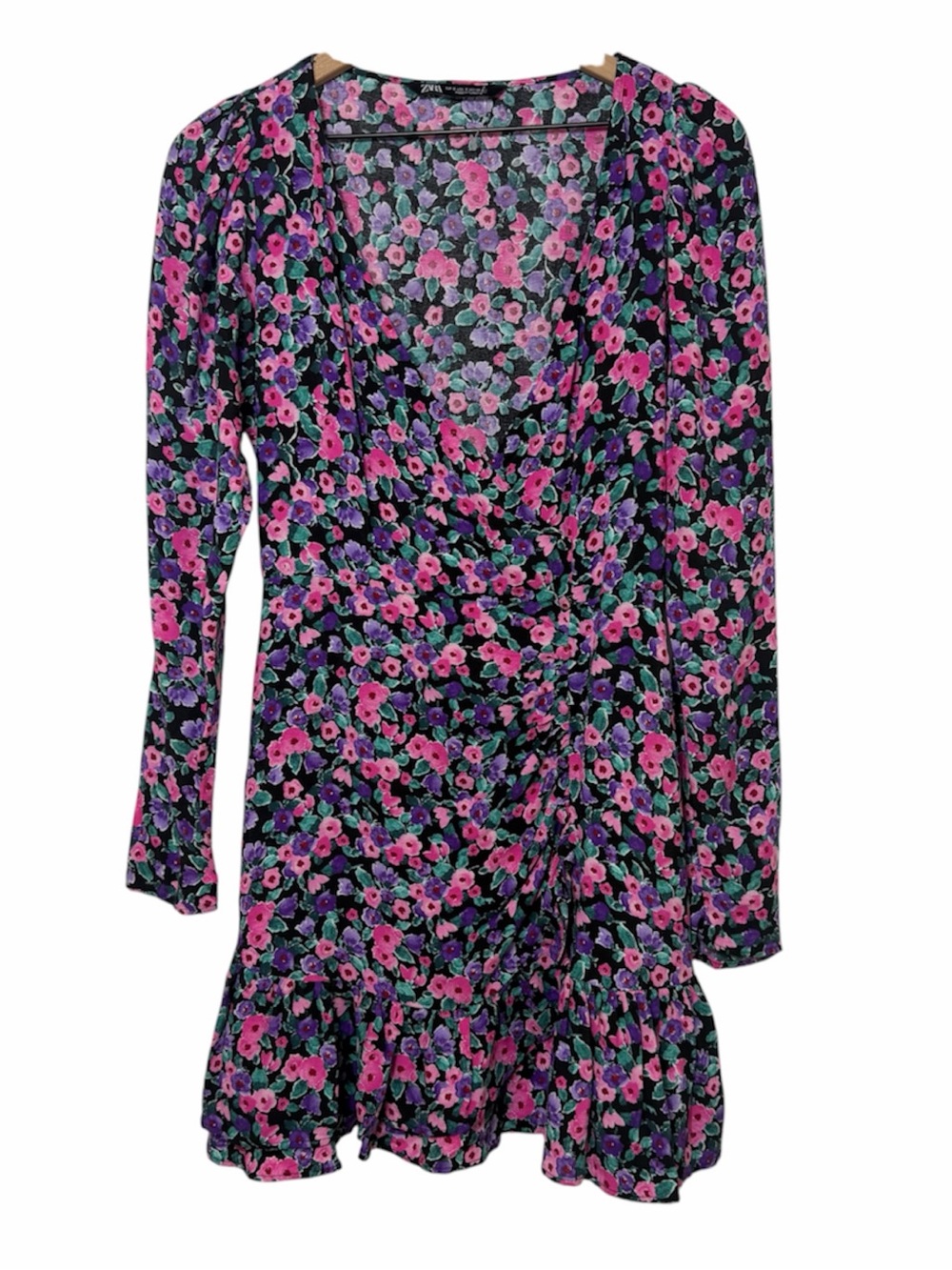 Zara Purple Pink Floral Ruched Faux Wrap Mini Dress Women's Small